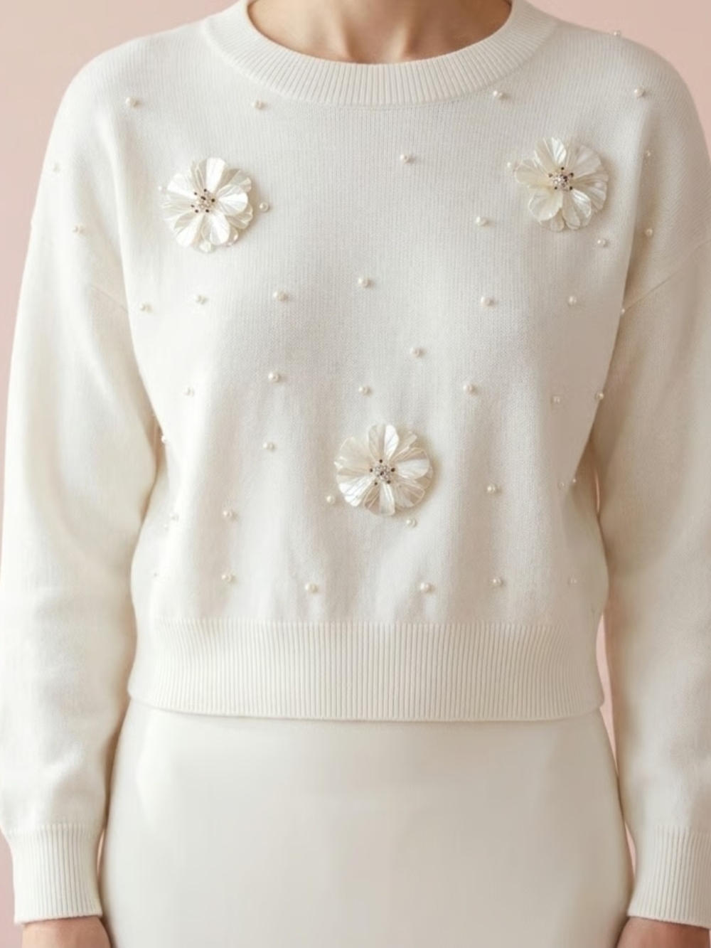 Ivory Pearl & Floral Appliqué Crewneck Sweater